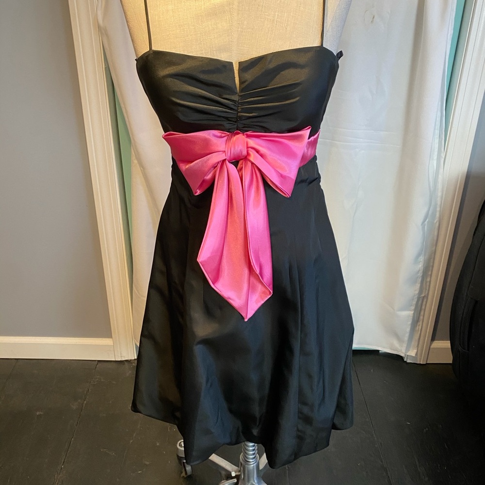 Black satin dress with pink tie, size 6